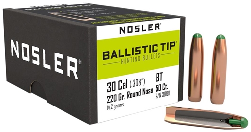 Nosler Ballistic Tip, .308 Diameter, 30 Caliber, 220 Grain, Spitzer Boat Tail, 50 Count 0540417 30181