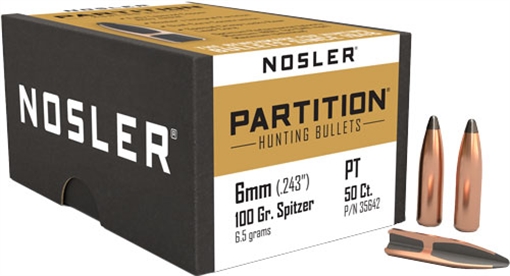 Nosler Partition, .243 Diameter, 6MM/243 Winchester, 100 Grain, Spitzer, 50 Count 35642