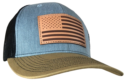 Outdoor Cap Heathered Grey/Blk/ Old Gold Trucker w/USA Flag Leather Patch USA-771 GB