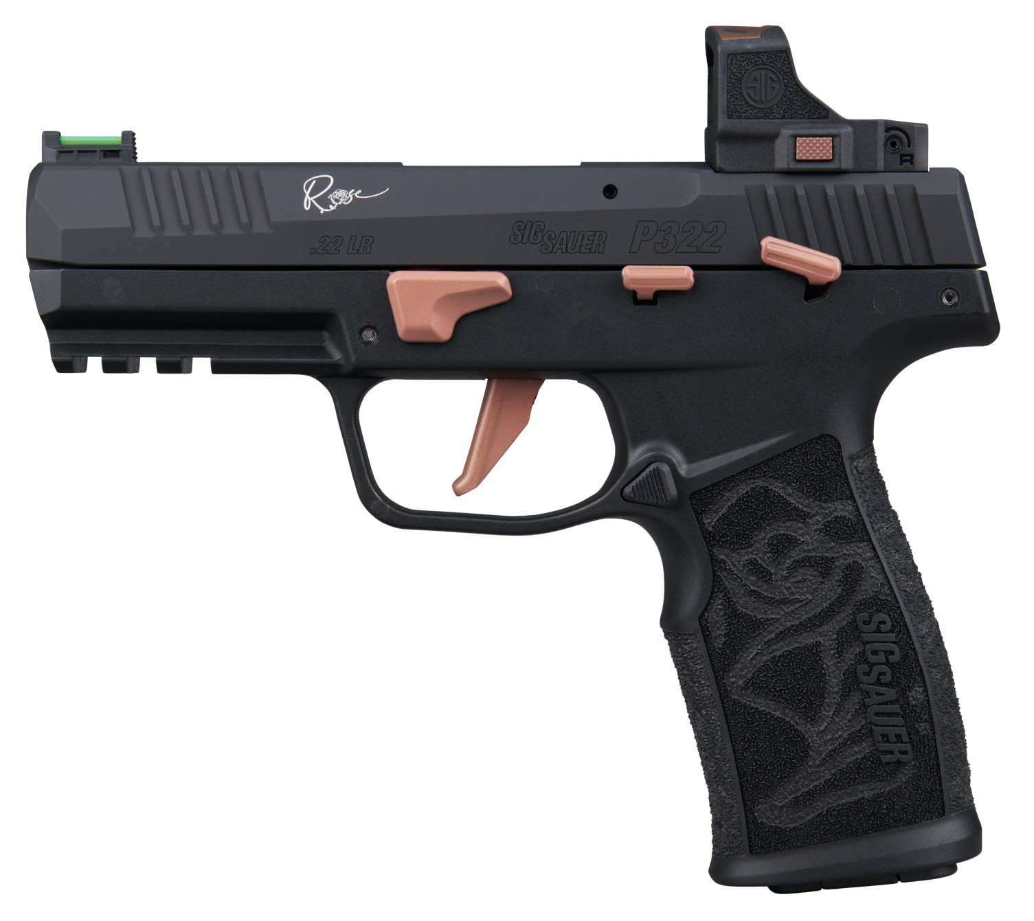 Sigarms P322 Rose w/Optic Pistol 322CROSERS, 22LR, 4in, Rose Laser Engraved Black Polymer Grips, Black Finish, 20 Rds