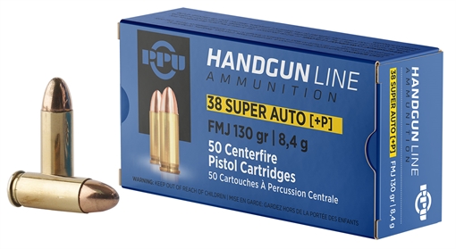 PPU Handgun 38Super+P 130gr Full Metal Jacket 50 Per Box/10 Case PPH38SU