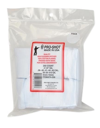 Pro-Shot Cleaning Patches .38 - .45 Cal/ .410 / 20 Gauge 2.25" Square Cotton Flannel 250 Pack 214250
