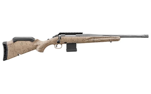Ruger American Rifle Ranch, Generation II, Bolt Action Rifle, 300 Blackout, 16.1" Spiral Fluted Barrel, 1:7 Twist, Threaded 5/8x24, Muzzle Brake, Cerakote Finish, Cobalt, Flat Dark Earth Splatter Synthetic Stock, Manual Safety, Picatinny Rail, 10 Rounds, 1