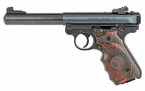 Ruger Mark IV Target, Single Action, Semi-automatic, Metal Frame Pistol, Full Size, 22LR, 5.5" Barrel, Bull Barrel, Alloy, Blued Finish, Laminate Grips with Finger Grooves, Adjustable Rear Sight, 10 Rounds, 2 Magazines 40159