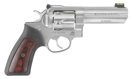Ruger GP100 357 Magnum/38 Special, 4" Barrel, Stainless Steel, Black Rubber w/ Hardwood Insert Grip, 6rd