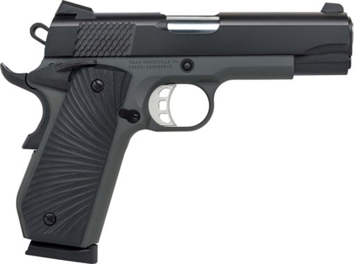 Tisas USA 1911 Carry, B9BA Stingray, Single Action Only, Semi-automatic, Metal Frame Pistol, Commander, 9mm, 4.25" Barrel, Aluminum Frame, Cerakote Finish, Black Slide, Gray Frame, Ed Brown Bobtail, G10 Grips, Novak Style 3-Dot Sights, Skeletonized Trigger