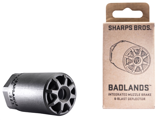Sharps Bros Badlands Muzzle Brake/Blast Deflector, Heat Treated 17-4 Stainless Steel w/Nitride Finish, 1/2"-28 tpi Threads, 2.75"L, 1.50" Outside Diameter for Multi-Caliber (.223-.354) BAD01