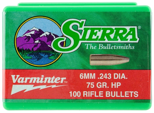 Sierra Varminter Rifle Bullets 6mm .243" 75 gr HP 100/ct 1510