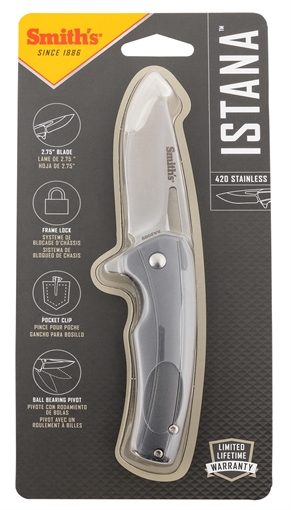 Smiths Products Istana 2.75" Folding Drop Point Plain Satin 400 SS Blade/Gray Anodized Aluminum Handle Includes Pocket Clip 51246