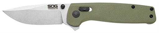 S.O.G Terminus XR 2.95" Folding Clip Point Plain Stonewashed BD1 Steel Blade Olive Drab Textured G10 Handle Features Box Packaging Includes Pocket Clip SOGTM1022BX