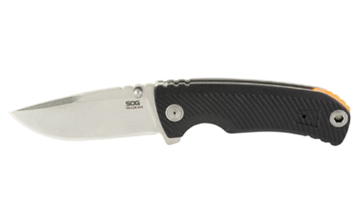SOG Knives & Tools Tellus ATK, Folding Knife, 3.5" Clip Point Straight Edge, Glass Reinforced Nylon Handle, Cryo 440C Steel, Stonewash Finish, Black and Silver w/Orange Accent SOG-11-06-02-43 SOG11060243