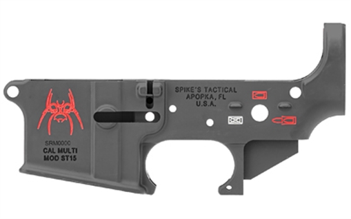 Spikes Spider Stripped Lower Receiver Multi-Caliber 7075-T6 Aluminum Black Anodized with Color Fill for AR-15 STLS019CFA