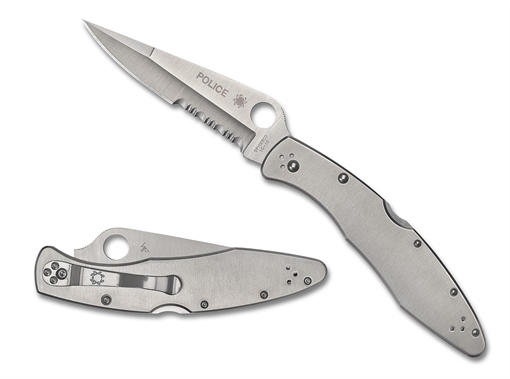 Spyderco Police, 4.125" Folding Knife, Clip Point, Combo Edge, VG10/Satin, Stainless, Circle Thumb Hole/Pocket Clip C07PS