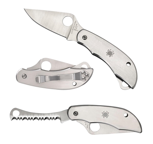 Spyderco Clipitool Silver Stainless Steel Folding 8Cr13MoV SS 4.57"/4.59" Long Part Serrated Blade Stainless Steel Handle Features Screwdriver/Opener C176P&S