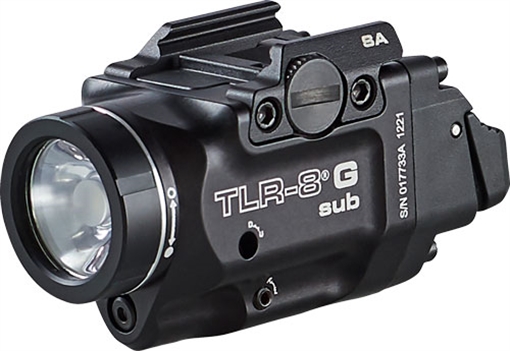 Streamlight Streamlight TLR-8 G Sub, White LED with Green Laser, Fits Springfield Hellcat, 500 Lumens, Anodized Finish, Black, Includes (1) CR123a Battery, Low and High Switches 69439