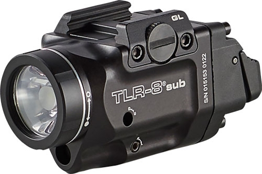 Streamlight Streamlight TLR-8 Sub, White LED with Red Laser, Fits Glock 43x/48 MOS, 500 Lumens, Anodized Finish, Black, Includes (1) CR123a Battery, Low and High Switches 69411
