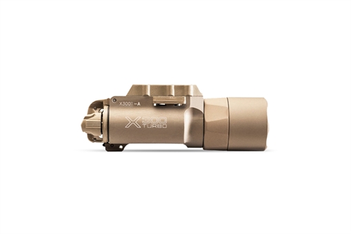 Surefire X300 Turbo, Weaponlight, White LED, 650 Lumens, Fits Picatinny and Universal, 66,000 Candela, Lever Latch Attachment, For Pistols, Matte Finish, Tan X300T-A-TN