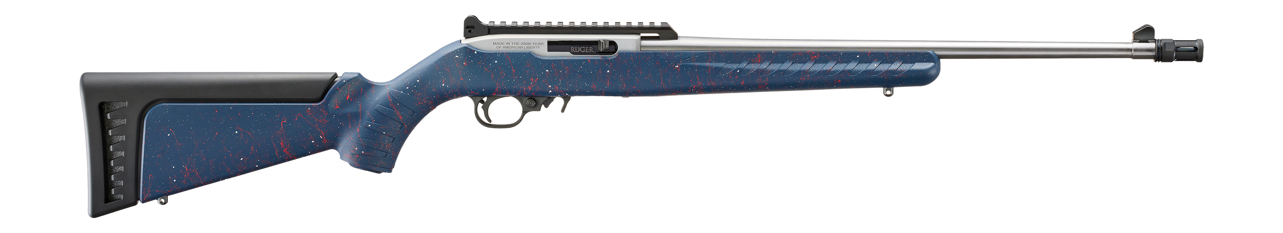 Ruger Exclusive 10/22 250th Anniversary Rifle 32039, 22 LR, 18.5", Red/White & Blue Splatter Stock, Satin Stainless Finish, 10 Rds.