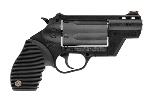 Taurus USA Judge, Public Defender, Double Action, Polymer Frame Revolver, Medium Frame, 410 Bore/45LC, 2.5" Barrel, 2.5" Chamber, Black, Rubber Grips, Fiber Optic Front Sight, 5 Rounds 2-441021PFS 2441021PFS