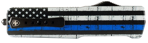 Templar Knife Premium LW We Back You Large 3.50" OTF Tanto Part Serrated Black Oxide Stonewashed D2 Steel Blade, 5.25" Black & White w/Blue Line Aluminum Handle LABTB52