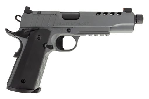 Tisas USA 1911 Night Stalker SF, Single Action Only, Semi-automatic, Metal Frame Pistol, 45 ACP, 5.55" Threaded Barrel, Threaded .578x24 TPI, Cerakote Finish, Gray, Light Rail, Black Rear/ Tritium Orange Dot Front, 8 Rounds, 2 Magazines, Optic Ready 101005