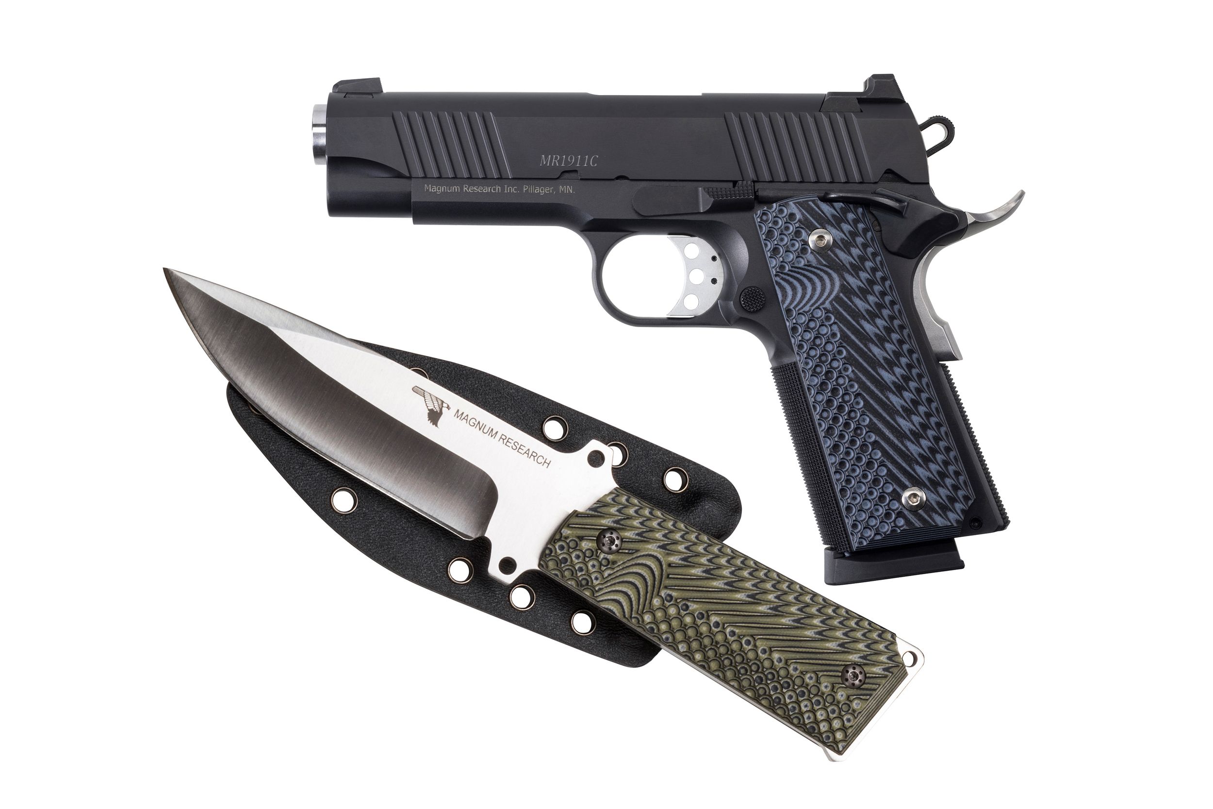 Magnum Research Desert Eagle 1911 Pistol DE1911C-K, 45 ACP, 4.33in, G10 Black/Blue Grips, w/Knife, 8 Rds