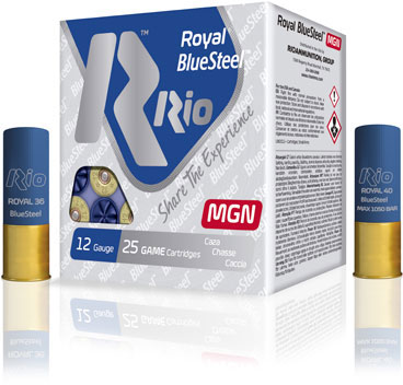 Rio Royal BlueSteel Shotshells RBSM344, 12 Gauge, 3", 1-1/5, 1450 fps, #4 Shot, 25 Rd/bx