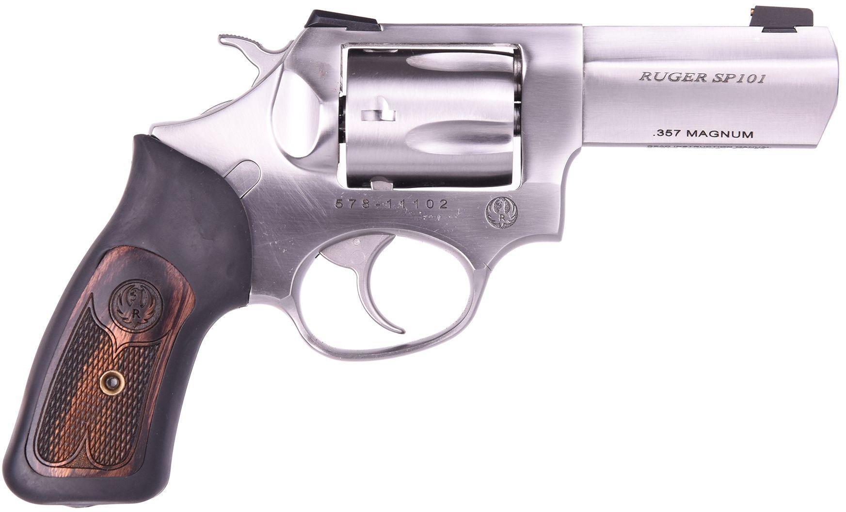 Ruger SP101 Revolver 15710, 357 Mag/38 Special, 3", Black Rubber w/Wood Inserts Grips, Satin Stainless Finish, 5 Rds