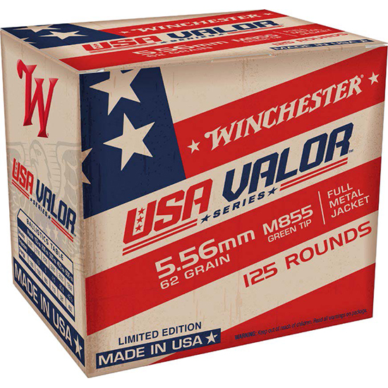 Winchester USA Valor 5.56mm 62gr. FMJ M855 Green Tip 125rd Box #USA855125