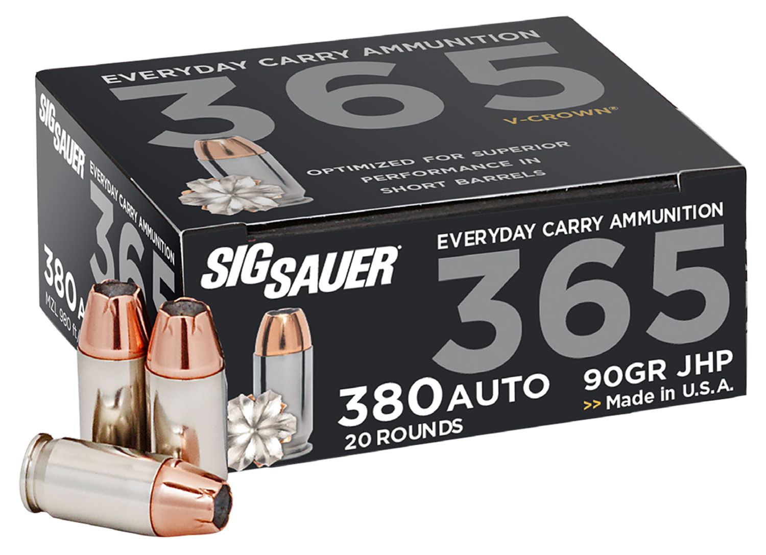 Sigarms Elite Performance 365 Pistol Ammunition E380A136520, 380 ACP, V Crown Jacketed Hollow Point, 90GR, 980fps, 20 Rd/bx