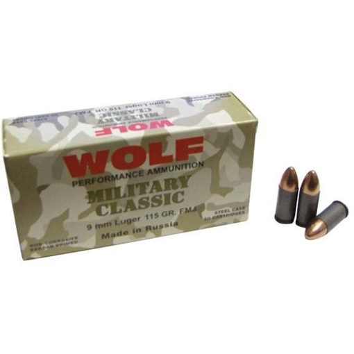 Wolf Miltary Classic Handgun Ammunition 9mm Luger 115 gr FMJ 1150 fps 50/ct MC919FMJ