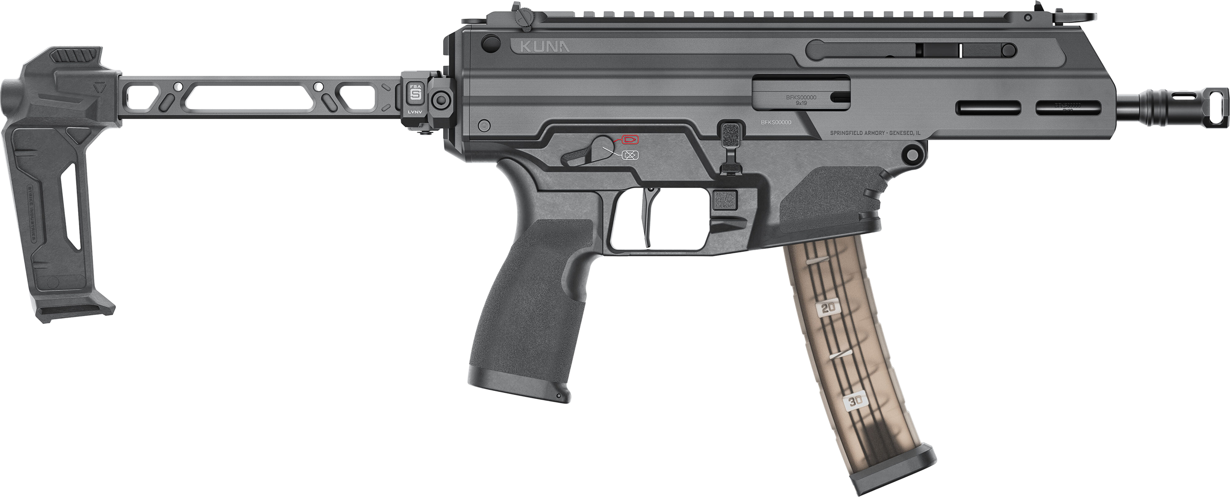 Springfield Armory Kuna Pistol PDW KN90640BFSA, 40 S&W, 6.12" Threaded, Hybrid Flip-up Sights, w/Folding Brace, Black Melonite Finish, Ambidextrous, 30+1