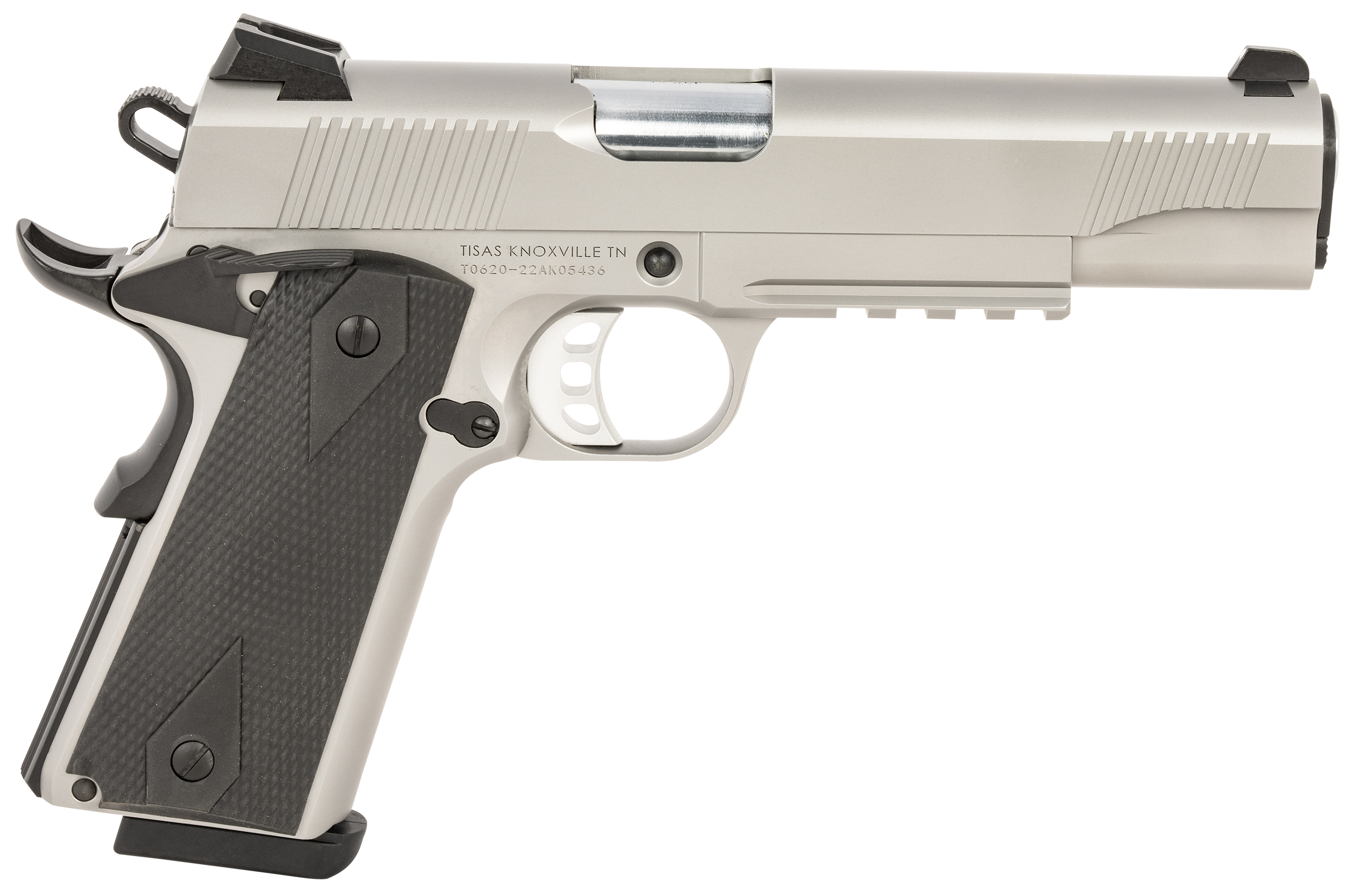 Tisas 1911 Duty Pistol 10100533, 45 ACP, 5in, Black Overmolded, Satin Stainless Finish, 8 Rds